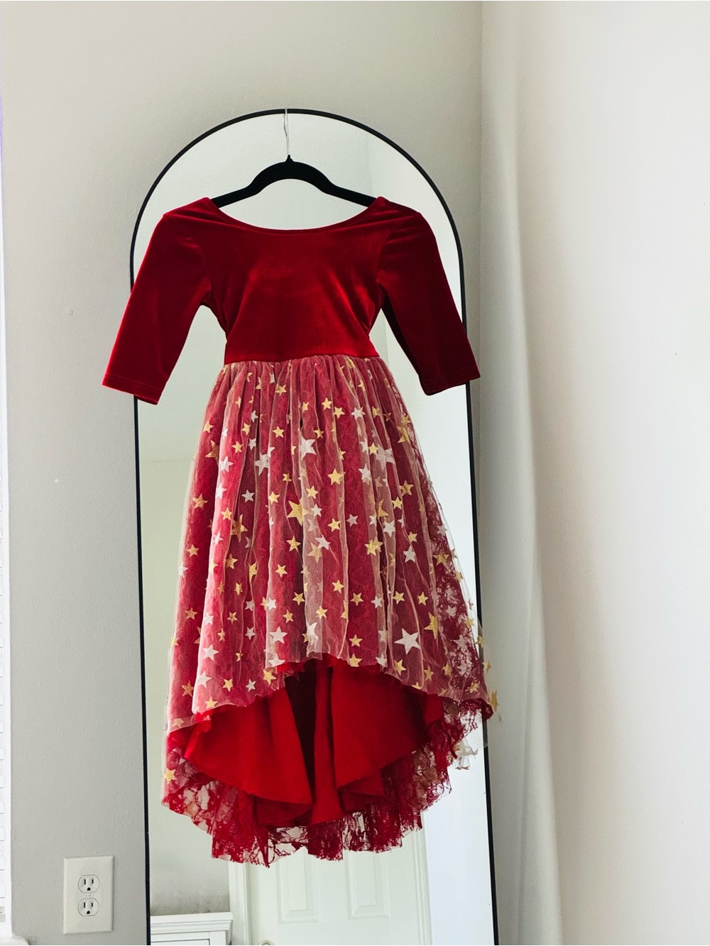 Girls' Red Velvet glitter gold silver star Tulle High Low Holiday Dress Size 8